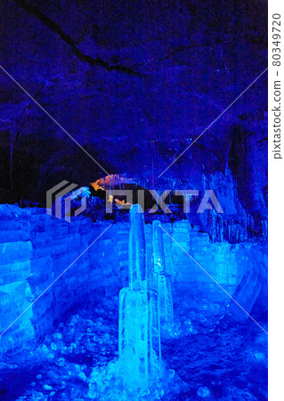 Fugaku Wind Cave Blue illuminated icicles Fujikawaguchiko Town, Yamanashi Prefecture 80349720