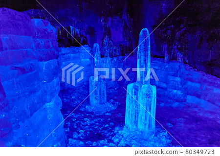 Fugaku Wind Cave Blue illuminated icicles Fujikawaguchiko Town, Yamanashi Prefecture Fugaku Wind Cave Blue illuminated icicles Fujikawaguchiko Town, Yamanashi Prefecture 80349723