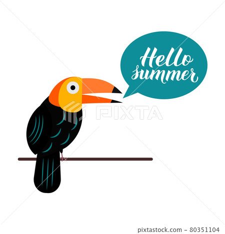 Hello summer lettering with cute cartoon tropical bird toucan and speech bubble. Inspirational seasonal quote typography poster. Easy to edit vector template for logo design, banner, flyer, sticker. 80351104