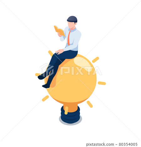 Isometric Businessman Sitting on Light Bulb and Reading Book Isometric Businessman Sitting on Light Bulb and Reading Book 80354005