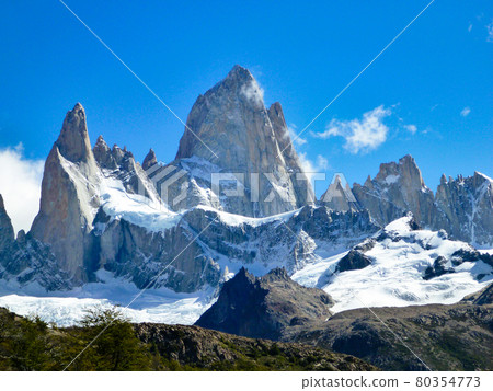 Daytime close-up of Fitz Roy summit and clear sky in Patagonia, Argentina Daytime close-up of Fitz Roy summit and clear sky in Patagonia, Argentina 80354773