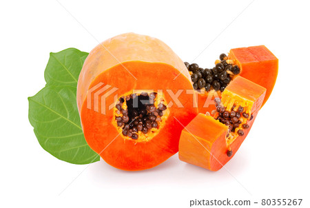 whole and half of ripe papaya fruit with seeds isolated on white background whole and half of ripe papaya fruit with seeds isolated on white background 80355267