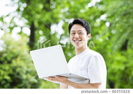 Male telework worcation smile looking at the camera 80355828