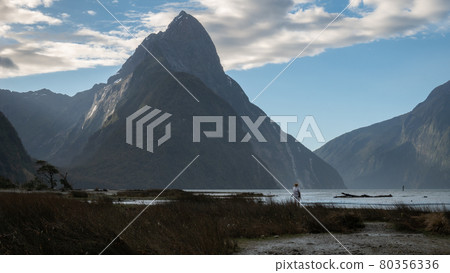 Fjord landscape with dominant peak and person on its bottom for scale. Taken in Milford Sound, Fiordland National Park, New Zealand 80356336