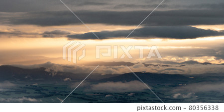Panoramic view on sunrise over the green valley. shot on Kepler Track, Fiordland National Park, New Zealand 80356338
