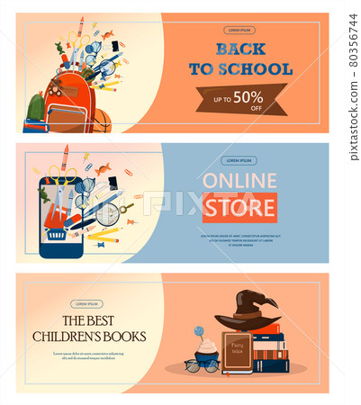 Back to school. Advertising banner, sale, online store, web. Stationery for school, university and office. Cartoon school supplies. Flat illustrations for elementary school. Bright cut out cliparts 80356744