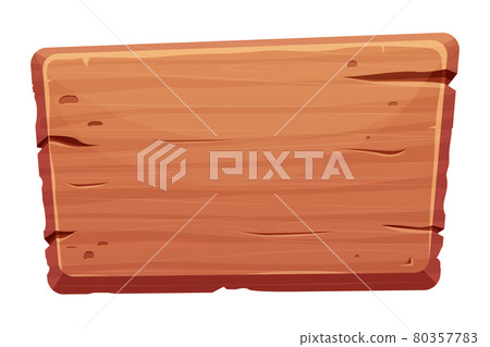 Wood sign, banner, wooden empty plank in cartoon style isolated on white background. Game assets, ui element. Textured material, frame for massage, decoration.  80357783