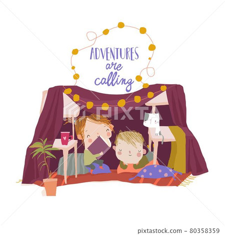 Cute Children sitting and reading a Book in a Homemade Teepee Cute Children sitting and reading a Book in a Homemade Teepee 80358359