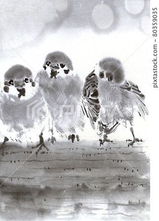 Relaxing three sparrows sumi-e illustration 80359035