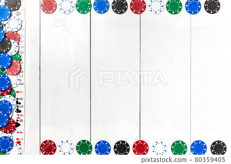Playing cards and poker chips on white wooden background. Top view 80359405