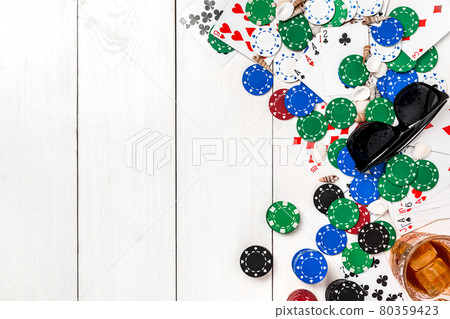 Post blog social media poker. Banner template layout mockup for online casino. Wooden white table, top view on workplace. 80359423