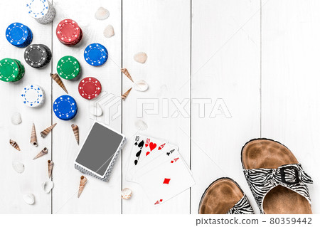 Post blog social media poker. Banner template layout mockup for online casino. Wooden white table, top view on workplace. 80359442