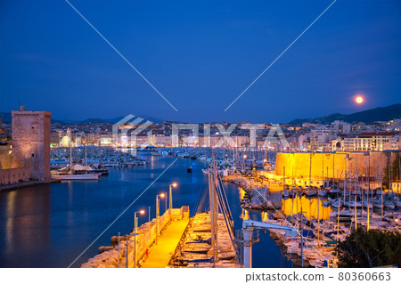 Marseille Old Port and Fort Saint-Jean in night. Marseille, France 80360663