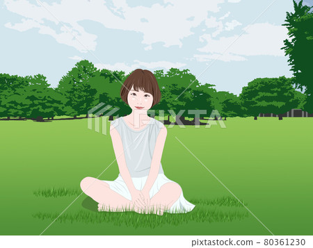 一個女孩坐在公園草地上的插圖 一個女孩坐在公園草地上的插圖 80361230