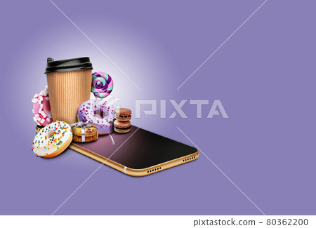 Smartphone on violet background. There are donuts, candy canes, coffee, cookies, chocolate macarons on it. Collage. Copy space, close-up. Smartphone on violet background. There are donuts, candy canes, coffee, cookies, chocolate macarons on it. Collage. Copy space, close-up. 80362200