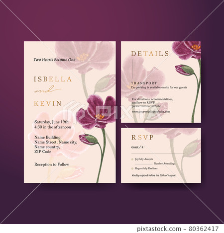 Wedding card template with muave red floral concept,waterolor style Wedding card template with muave red floral concept,waterolor style 80362417