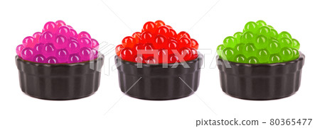 Tapioca pearls for bubble tea isolated on white background. Mix tapioca fruit pearls in bowl. Tapioca pearls for bubble tea isolated on white background. Mix tapioca fruit pearls in bowl. 80365477