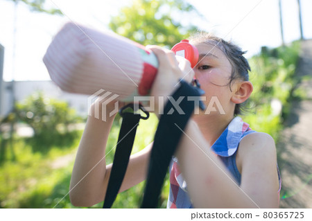 Girl drinking water from a water bottle Girl drinking water from a water bottle 80365725