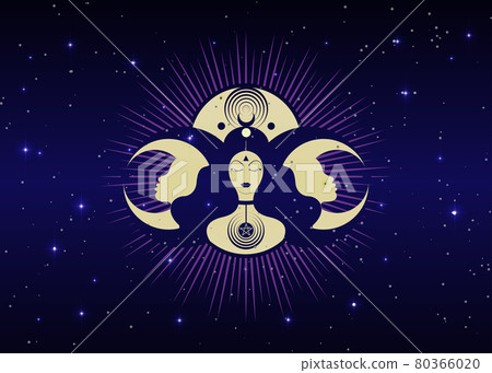 Woman Wicca mother earth symbol of sexual procreation. Spiral goddess of fertility and triple moon Wiccan. The spiral cycle of life, death and rebirth. Crescent, half and full moon vector starry sky 80366020