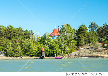 Naantali, Finland - 28 June, 2019: View from the sea to park Moomin world at sunny summer day, Naantali, Finland 80367536