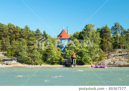 Naantali, Finland - 28 June, 2019: View from the sea to park Moomin world at sunny summer day, Naantali, Finland 80367577