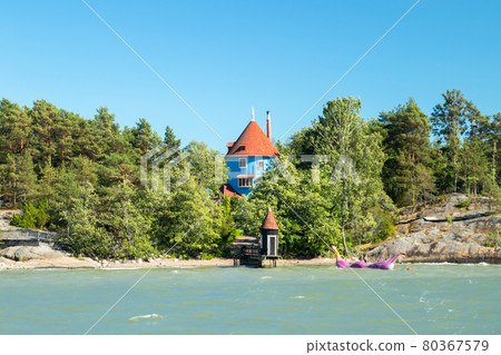 Naantali, Finland - 28 June, 2019: View from the sea to park Moomin world at sunny summer day, Naantali, Finland 80367579
