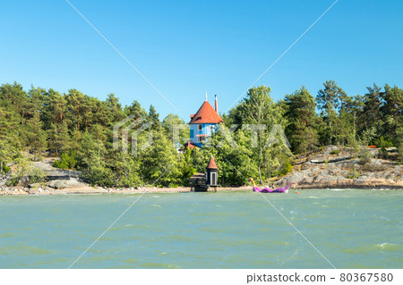 Naantali, Finland - 28 June, 2019: View from the sea to park Moomin world at sunny summer day, Naantali, Finland 80367580