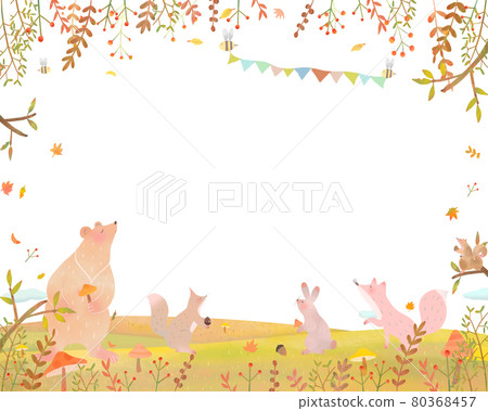 Scandinavian fashionable and fun white background vector frame illustration of autumn plants and forest animals 80368457