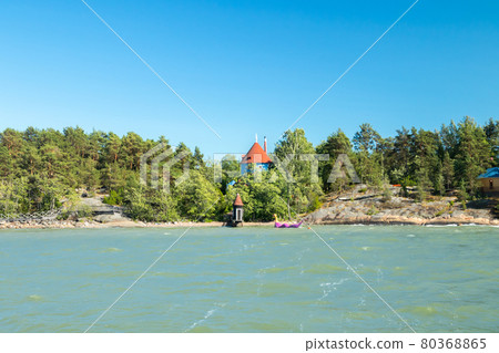 Naantali, Finland - 28 June, 2019: View from the sea to park Moomin world at sunny summer day, Naantali, Finland 80368865