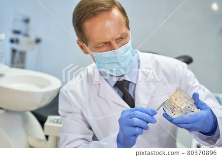 Focused dental technician in mask holding a model of teeth Focused dental technician in mask holding a model of teeth 80370896