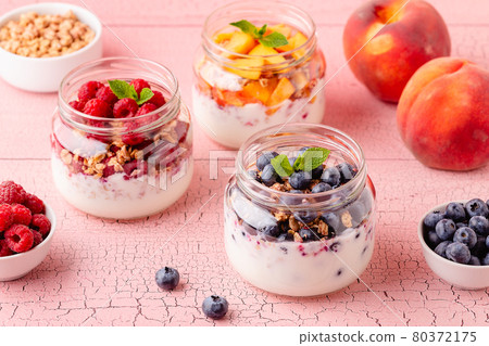 Healthy breakfast. Granola / muesli yoghurt and fruit. Healthy breakfast. Granola / muesli yoghurt and fruit. 80372175