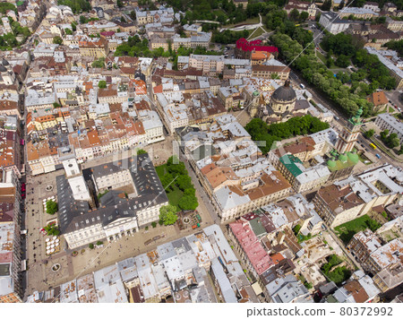 Top View on Lviv city center aerial view at Summertime midday, Western Ukraine Top View on Lviv city center aerial view at Summertime midday, Western Ukraine 80372992