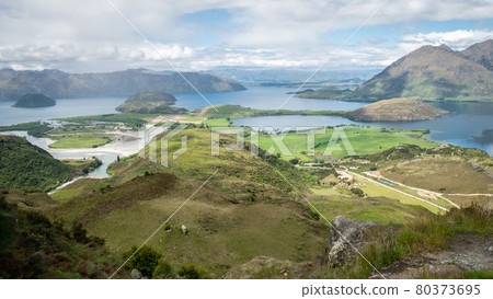 View on lake Wanaka from Diamond Lake trail, shot made in New Zealand during sunny day View on lake Wanaka from Diamond Lake trail, shot made in New Zealand during sunny day 80373695