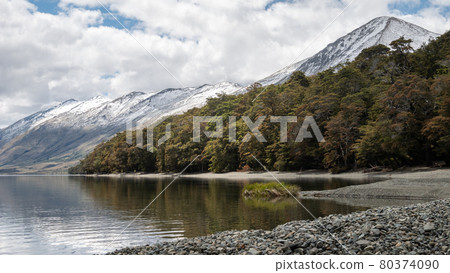 Crystal clear shoreline detail with forest and mountains shot at Mavora Lakes, New Zealand Crystal clear shoreline detail with forest and mountains shot at Mavora Lakes, New Zealand 80374090