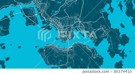 Detailed map of Hong Kong city, linear print map. Cityscape panorama. 80374410