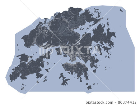 Hong Kong map. Detailed map of Hong Kong city poster with streets. Cityscape vector. Hong Kong map. Detailed map of Hong Kong city poster with streets. Cityscape vector. 80374412