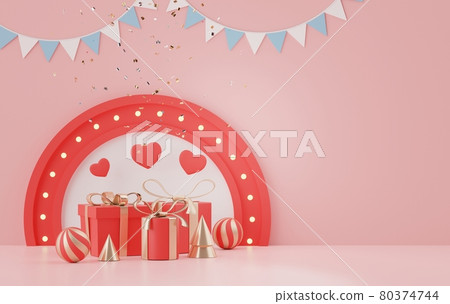 3d rendering of minimal scene of blank space with Valentine's Day theme. Display stage for product presentation mock up. Stand in sweet lovely pink color with lovely gifts box. 3d rendering of minimal scene of blank space with Valentine's Day theme. Display stage for product presentation mock up. Stand in sweet lovely pink color with lovely gifts box. 80374744