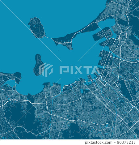 Detailed map of Fukuoka city, linear print map, land panorama. 80375215