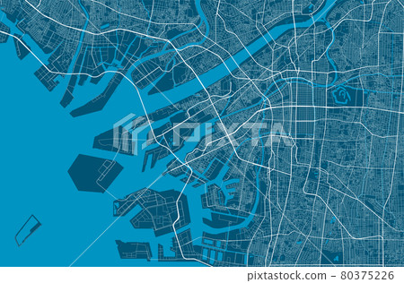 Detailed map of Osaka city, linear print map, land panorama. 80375226