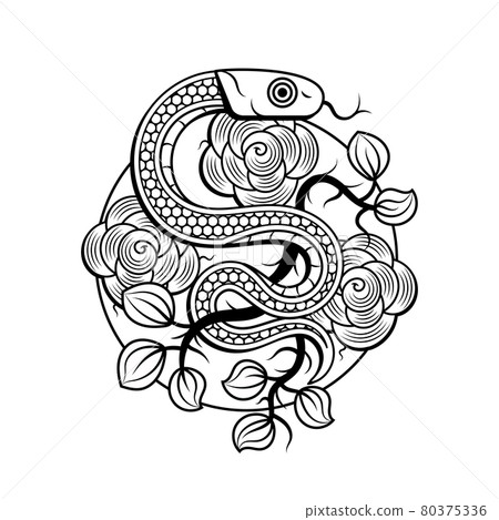 Snakes and flowers. Tattoo art, coloring books. Hand drawn vintage vector illustration 80375336