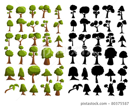 Seth black silhouettes and realistic trees from different climatic zones on a white background - Vector 80375587