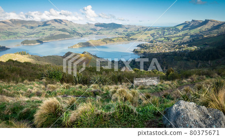 Scenic view on bay surrounded by green hills, landscape shot made in Governors Bay near Christchurch, New Zealand 80375671