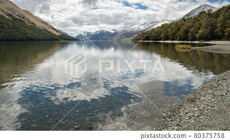 Crystal clear lake surrounded by forest and mountains, shot at Mavora Lakes, New Zealand Crystal clear lake surrounded by forest and mountains, shot at Mavora Lakes, New Zealand 80375758