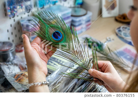 Female artist choosing natural peacock feather for creating dreamcatcher at workshop decor amulet Female artist choosing natural peacock feather for creating dreamcatcher at workshop decor amulet 80376155