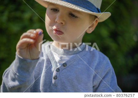 Little boy in stylish straw hat picks honeysuckle berry 80376257