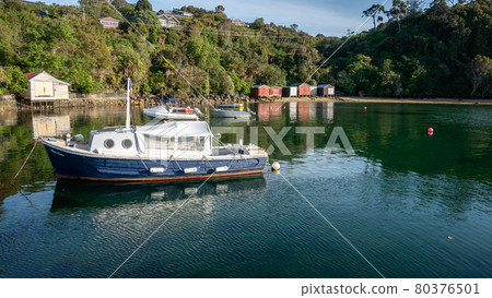 Tropical harbor with anchored boats. Shot made on Stewart Island Rakiura, New Zealand 80376501