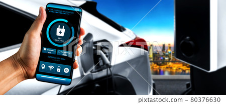 EV charging station for electric car with mobile app display charger status EV charging station for electric car with mobile app display charger status 80376630