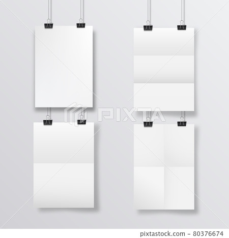 Abstract poster design with hanging folded papers. Hanging A4 paper poster mockup. 80376674