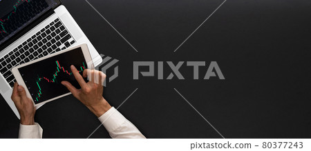 Screen sell. Investment business technology app on digital screen. Finance application for sell, buy and analysis profit dividend statistics. Candlestick chart flat lay banner. Screen sell. Investment business technology app on digital screen. Finance application for sell, buy and analysis profit dividend statistics. Candlestick chart flat lay banner. 80377243