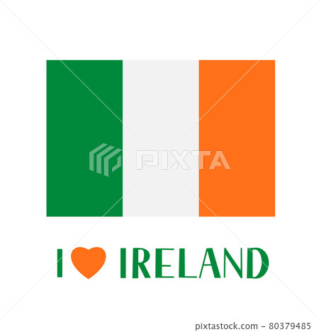 Flag of Ireland and lettering I Love Ireland with heart isolated of white. Easy to edit vector template for banner, typography poster, logo design, postcard, t-shirt, flyer, sticker, label, etc. 80379485